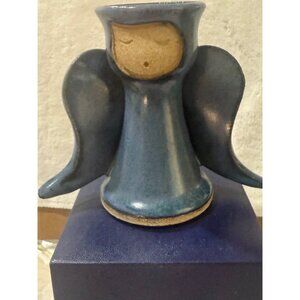 Handmade Blue Ceramic Angel Candle Holder By Signed Artist